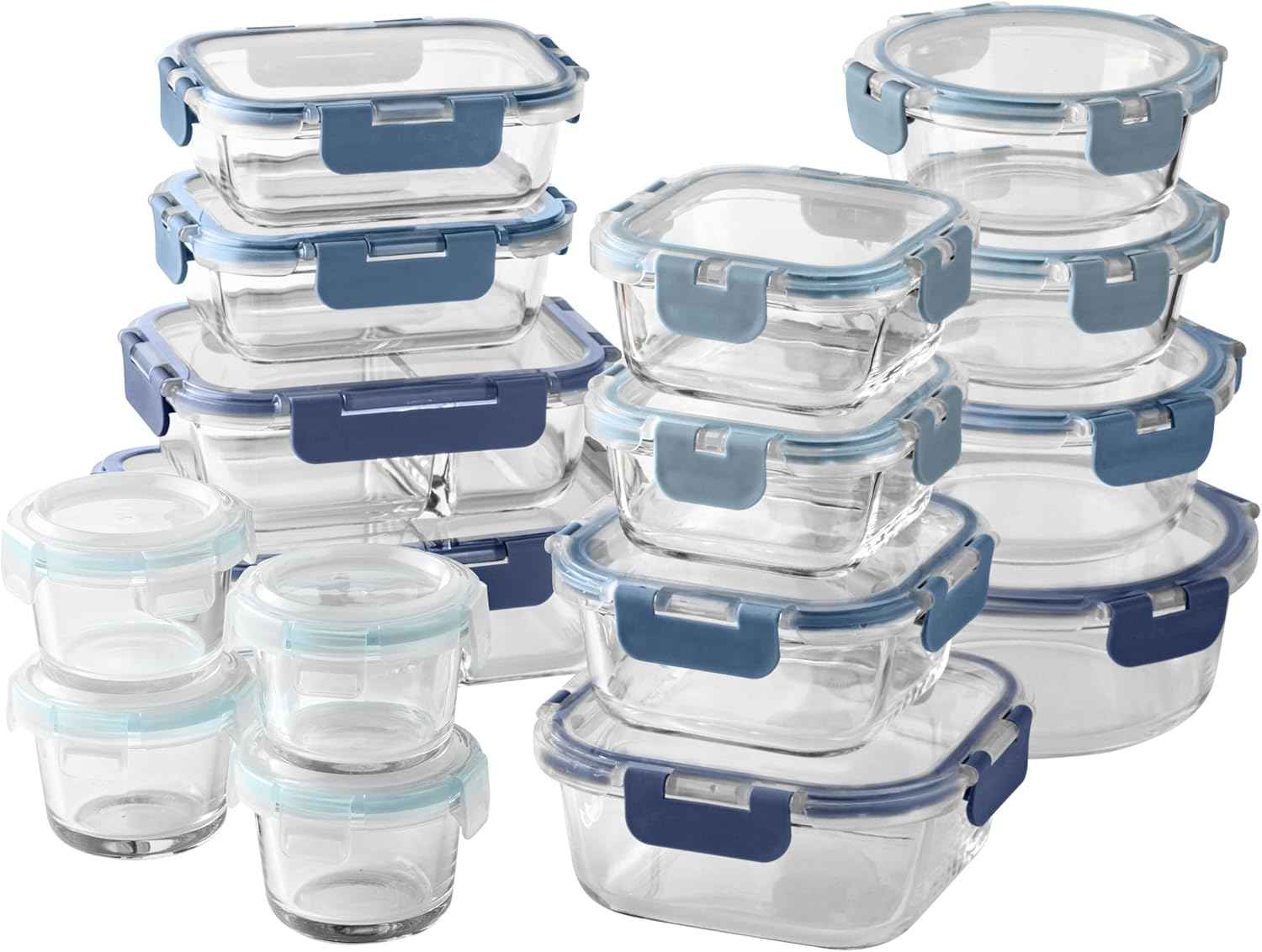 COOK WITH COLOR Premium 32-Pc. Borosilicate Glass Food Container Set with Dividers - 4 Rectangles, 8 Rounds, 4 Squares - Leakproof Lids - Meal Prep, Storage, Ombre Blue
