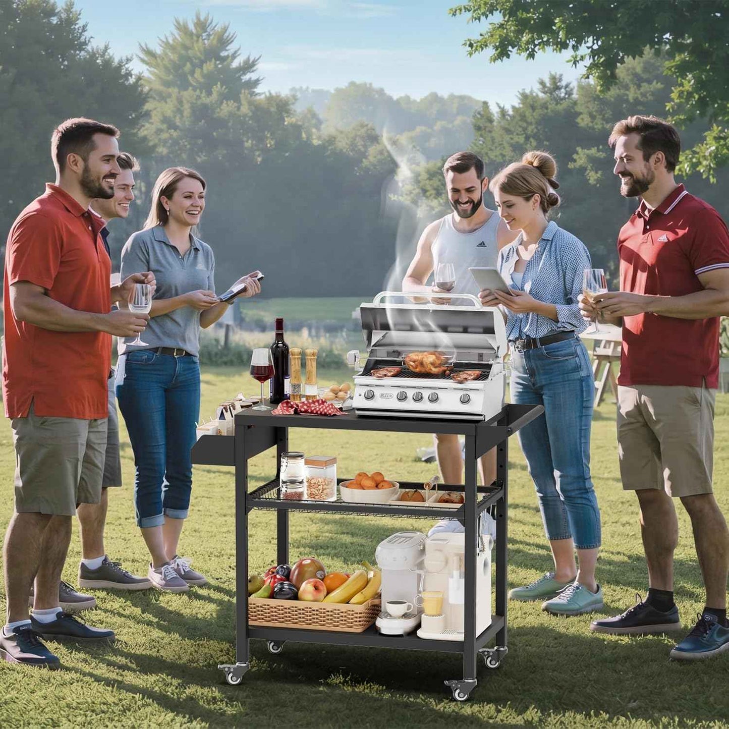 SUNCROWN Outdoor Grill Table with Wheels, Kitchen Cooking Prep Tables Movable BBQ Grill Cart for Garden, Camping, Home Party, Bar, Pizza Oven Table Stand