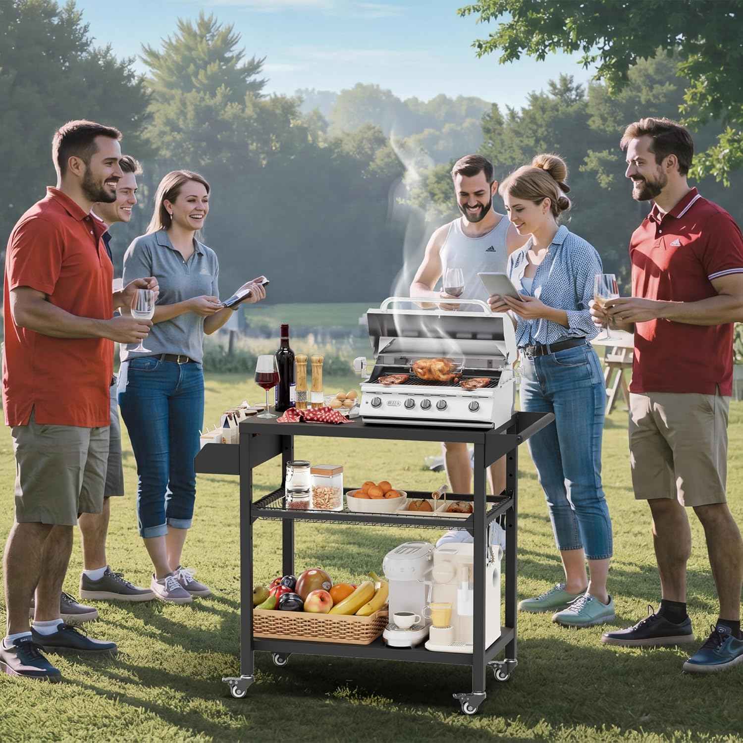 SUNCROWN Outdoor Grill Table with Wheels, Kitchen Cooking Prep Tables Movable BBQ Grill Cart for Garden, Camping, Home Party, Bar, Pizza Oven Table Stand