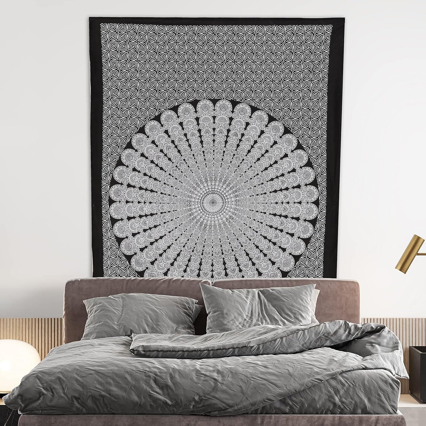 Bless International Handmade Indian hippie Bohemian Psychedelic Peacock Mandala Wall hanging College Dorm Beach Throws Table Cloth Bedding Tapestry (Black White, King(88x104Inches)(225x265Cms))