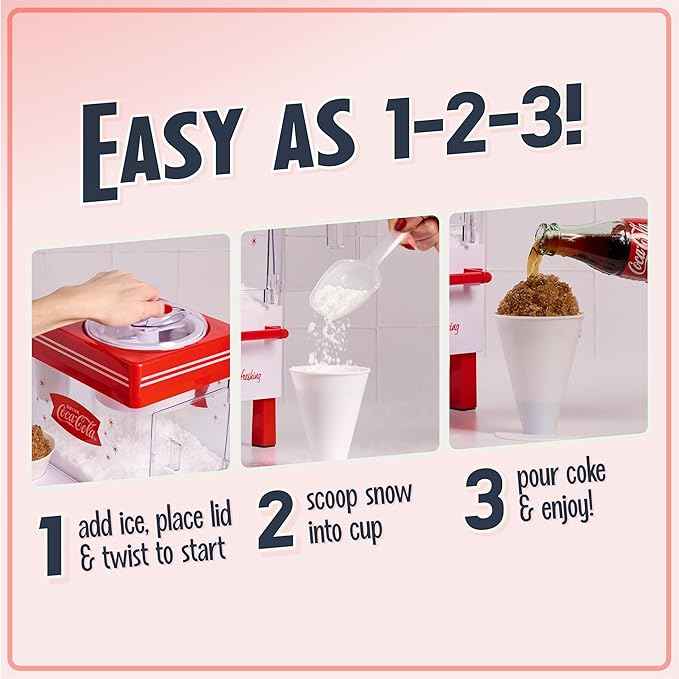 Nostalgia Coca-Cola Snow Cone Machine – Retro Table-Top Snow Cone Maker with Stainless Steel Blades – Slushie Machine Includes 2 Reusable Plastic Cups & Ice Scoop, Makes 20 Icy Treats - White & Red