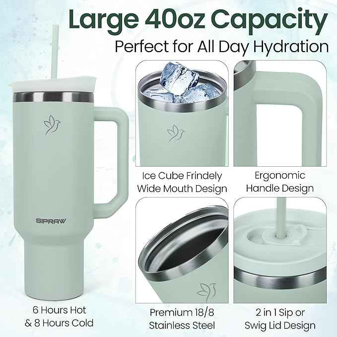 40oz Tumbler with Handle and Straw Insulated Stainless Steel Travel Mug Vacuum Double Wall Coffee Cup Leak Resistant Lid BPA-Free Cup Holder Friendly for Hot & Cold Drinks, Pastel Green
