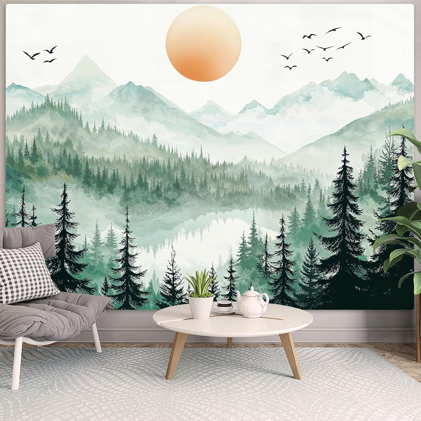 Accnicc Misty Forest Mountain Tapestry Sage Green Nature Pine Tree Wall Tapestry for Bedroom Aesthetic Watercolor Woods Lake Small Tapestries Wall Hanging for Living Room Dorm Decor 48 x 36 Inch