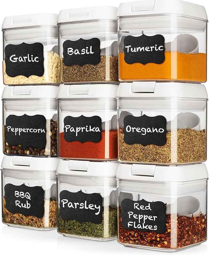 Shazo 9 PC Airtight Food Storage Containers - BPA Free Clear Plastic Snack & Spice Containers with Easy Lock Lids - Kitchen and Pantry Organization for Herbs, Coffee, Tea - 0.5L / 2.1 Cups