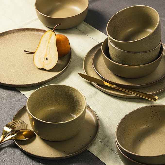 Gibson Elite James Street 16 Piece Stoneware Matte Reactive Double Bowl Dinnerware Set - Toast Cream, Service for 4 (16pcs)