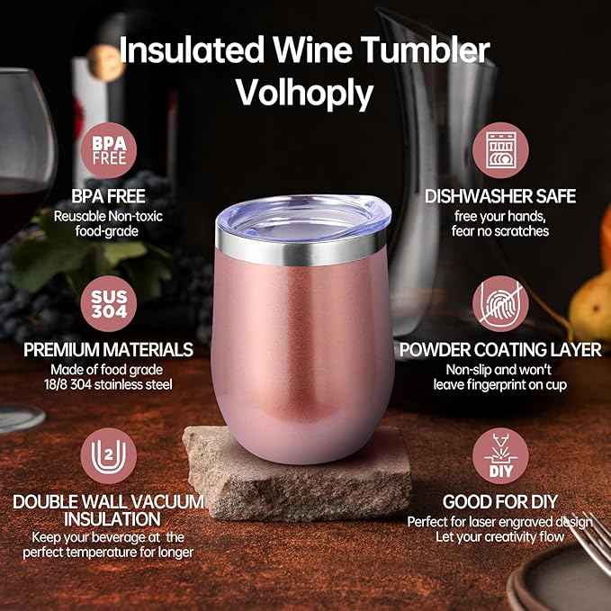 Volhoply 12oz Stainless Steel Wine Tumbler with Lid Bulk 24 Pack,Double Wall Vacuum Stemless Wine Glasses,Reusable Metal Travel Coffee Mug with Straw,Insulated Cup Gift for Christmas（Rose Gold,24 Set）