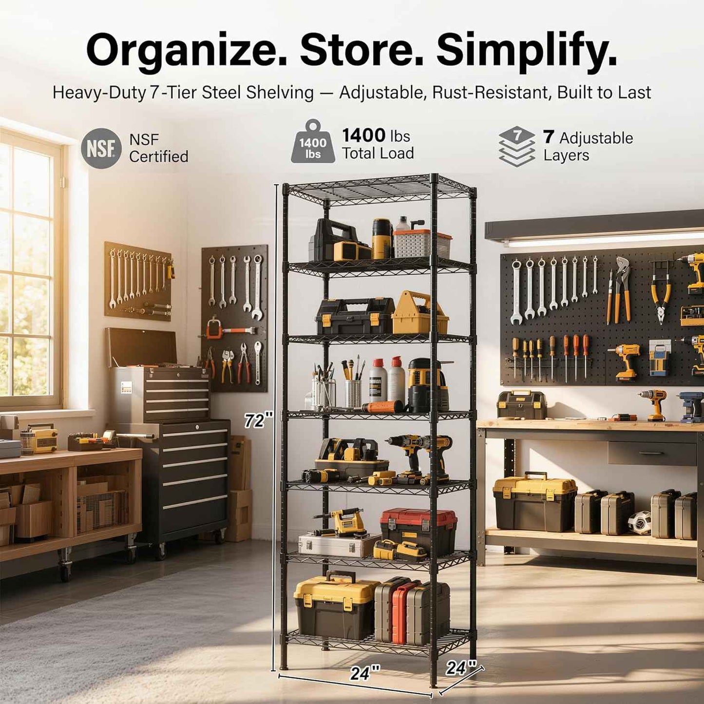 Finnhomy Heavy Duty 7 Tier Wire Shelving, 24x24x72 inches 7 Shelves Storage Rack with Thicken Steel Tube, Pantry Shelves for Storage, Adjustable Metal Shelf Unit, NSF Certified, Black