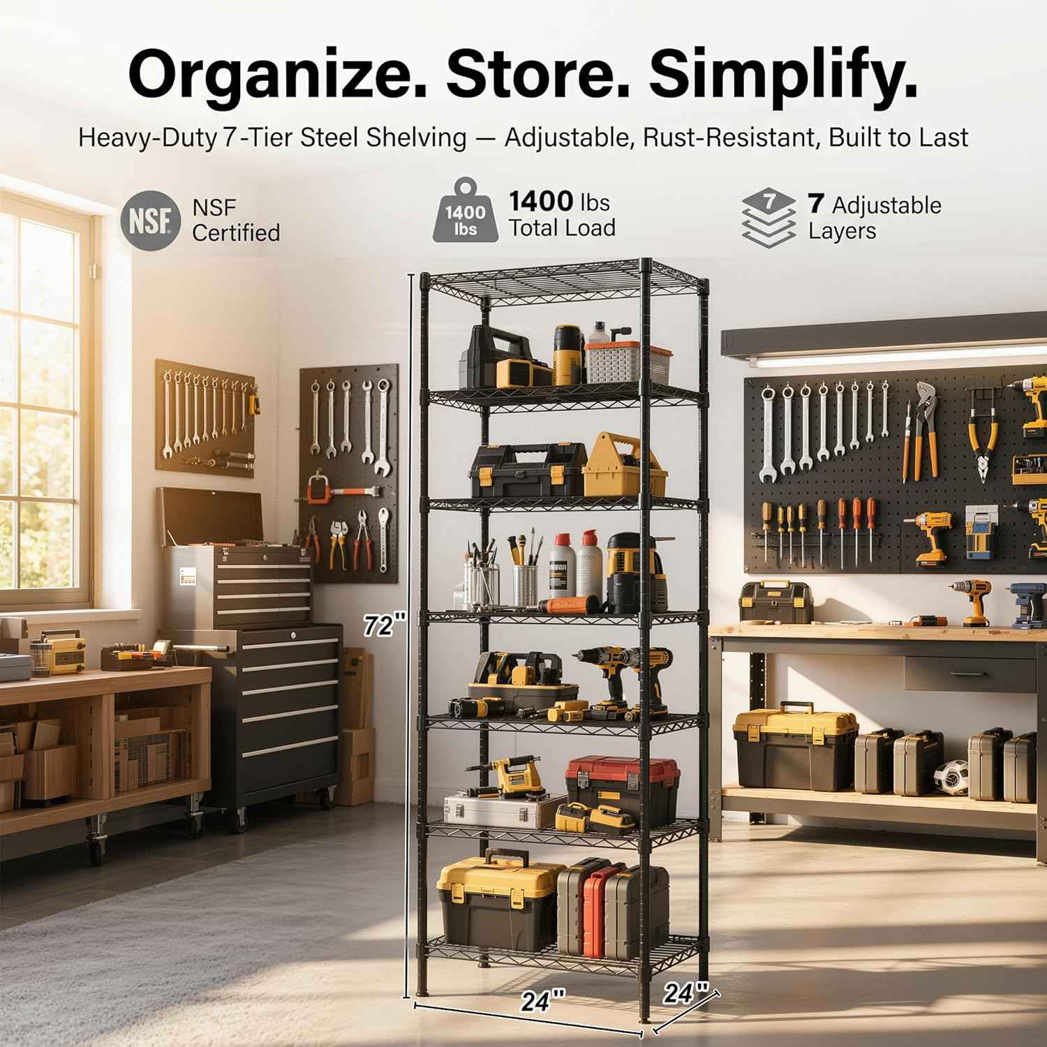 Finnhomy Heavy Duty 7 Tier Wire Shelving, 24x24x72 inches 7 Shelves Storage Rack with Thicken Steel Tube, Pantry Shelves for Storage, Adjustable Metal Shelf Unit, NSF Certified, Black
