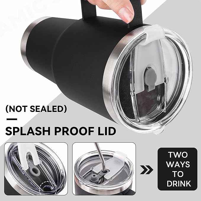 30 oz Tumbler With Handle, Double Wall Stainless Steel Vacuum Insulated Travel Mug with Splash-Proof Lid Metal Straw and Brush (Black)