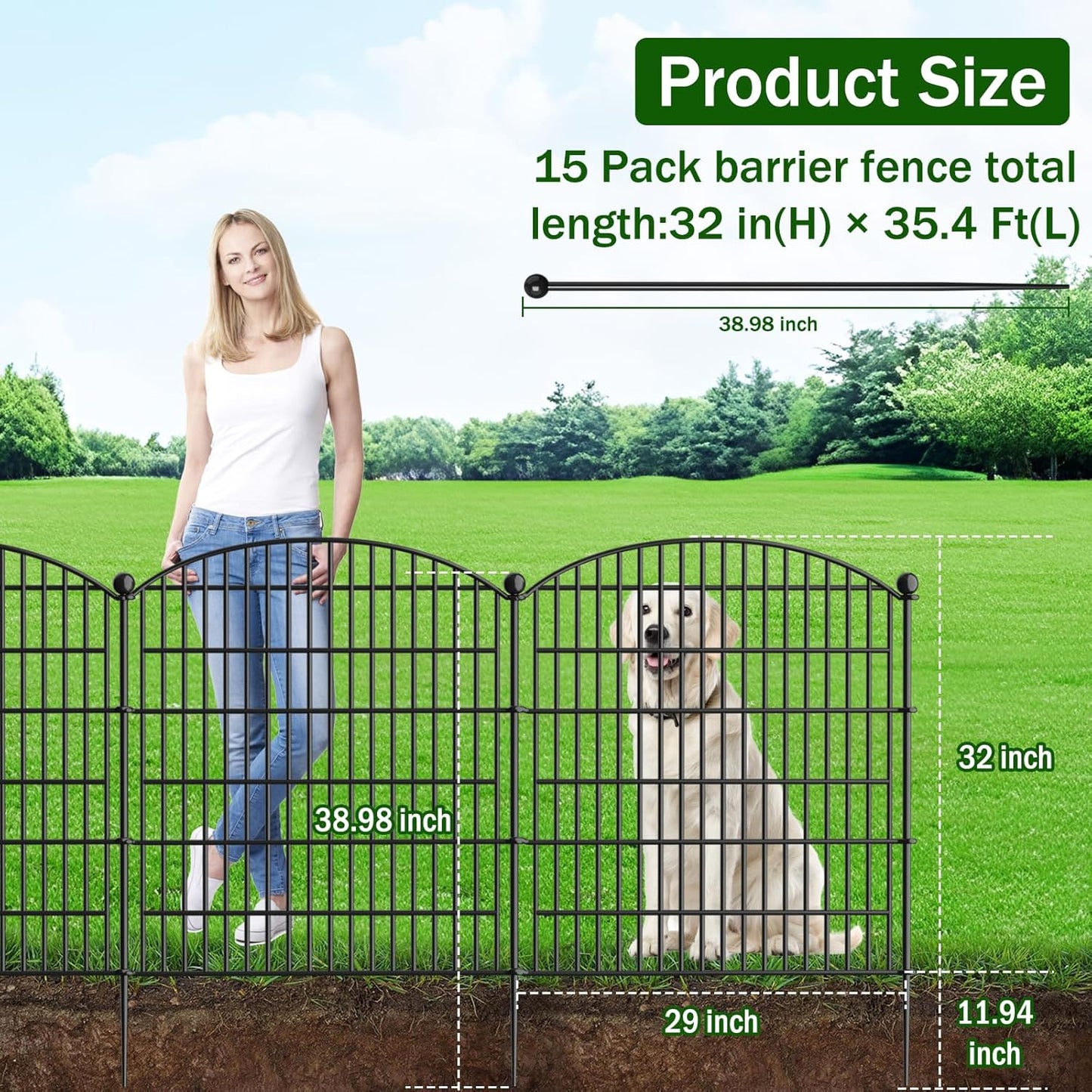 15 Panels Decorative Garden Fence - 32 in (H) x 35.4 ft (L) No Dig Dog Fence Outdoor for Yard, Rustproof Tall Garden Fencecing Panels, Animal Barrier Suitable for Yard Border, Patio, and Outdoor Use