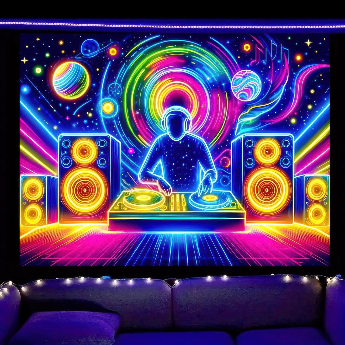 BlissYard Blacklight Tapestry Trippy UV Reactive Fantasy Wall Tapestry Psychedelic Neon Galaxy Space Black Light Tapestries Posters Wall Hanging for Backdrop Bedroom Dorm Living Room Decor 59X78 inch