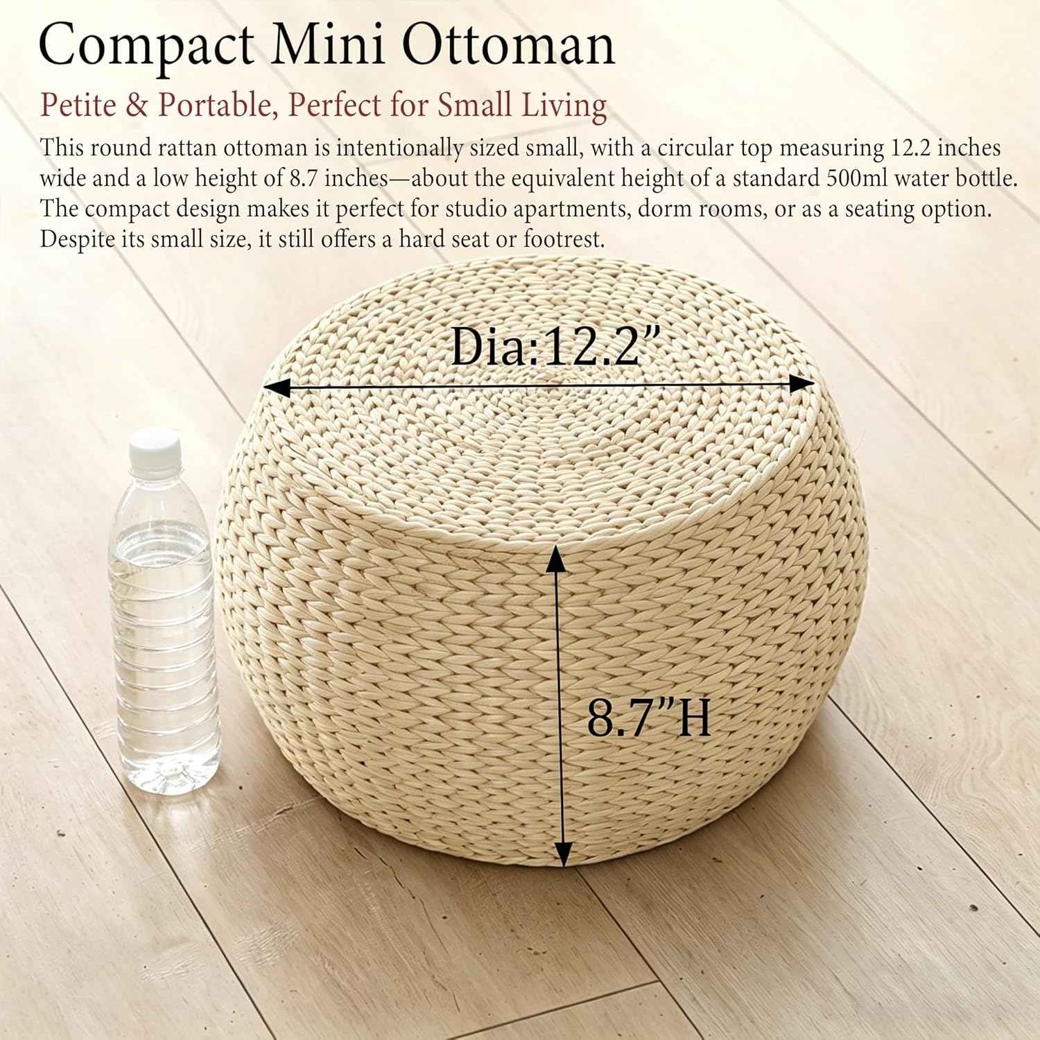 Solid Wood Straw Round Pouf Ottoman, Small Handwoven Boho Extra Seat, Low Tatami Ottoman Footrest for Living Room Bedroom Patio Garden (12.2"x12.2"x8.7")