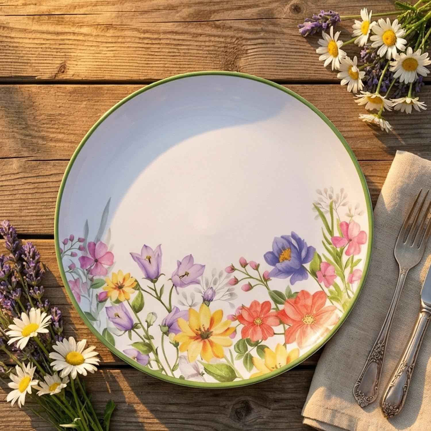 12 Piece Floral Melamine Dinnerware Sets, Green Camping Dishes Set, Spring Lightweight Plates and Bowls Sets, Service for 4, Unbreakable Dishwasher Safe Dish Set for Indoor & Outdoor Use