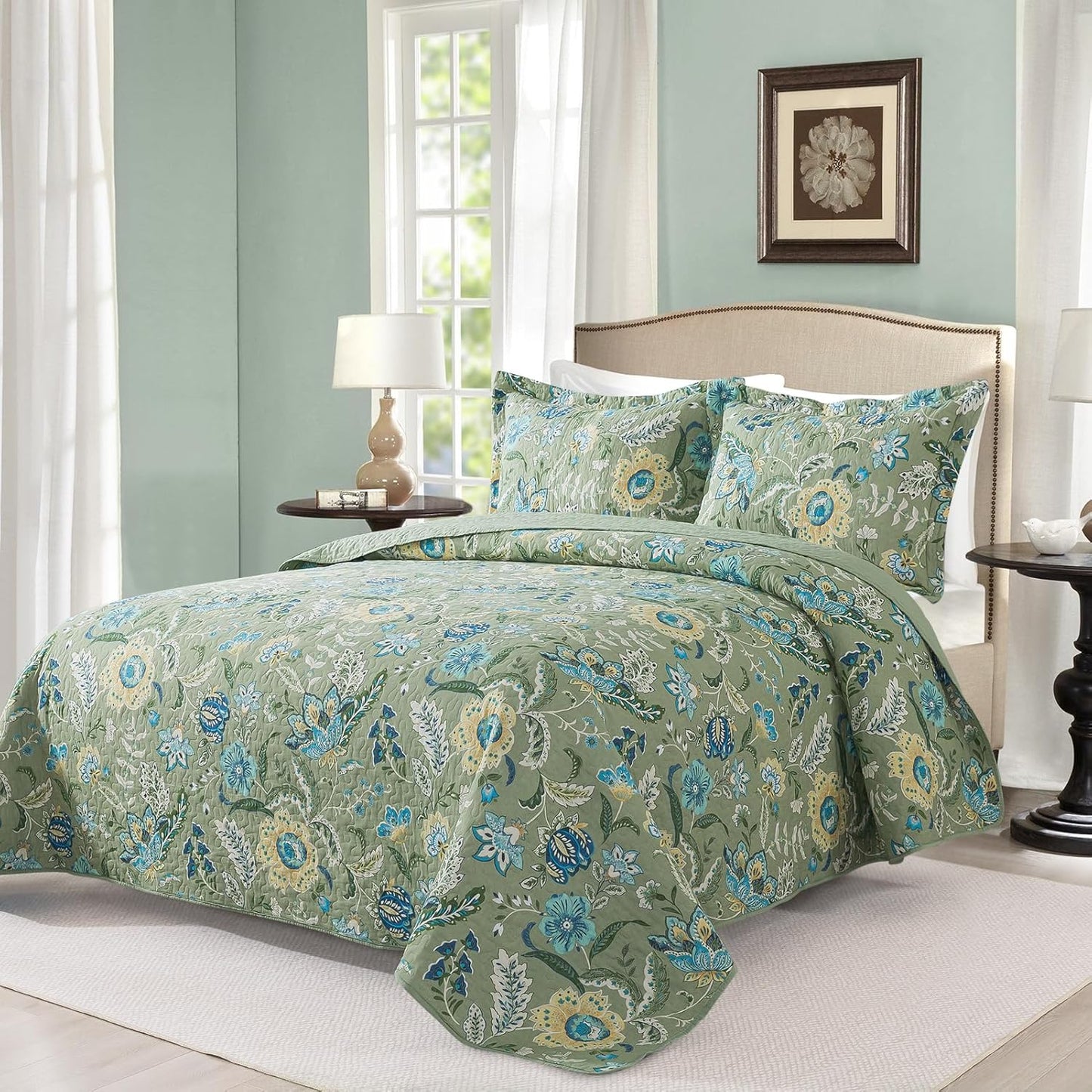 VAPUTAR King Quilt Bedding Set - Cotton Bedspreads King Size (98 x 106 inch) with Floral Pattern, Farmhouse Lightweight King Size Quilt Suitable for All Season（3 Pieces, Olive Green）