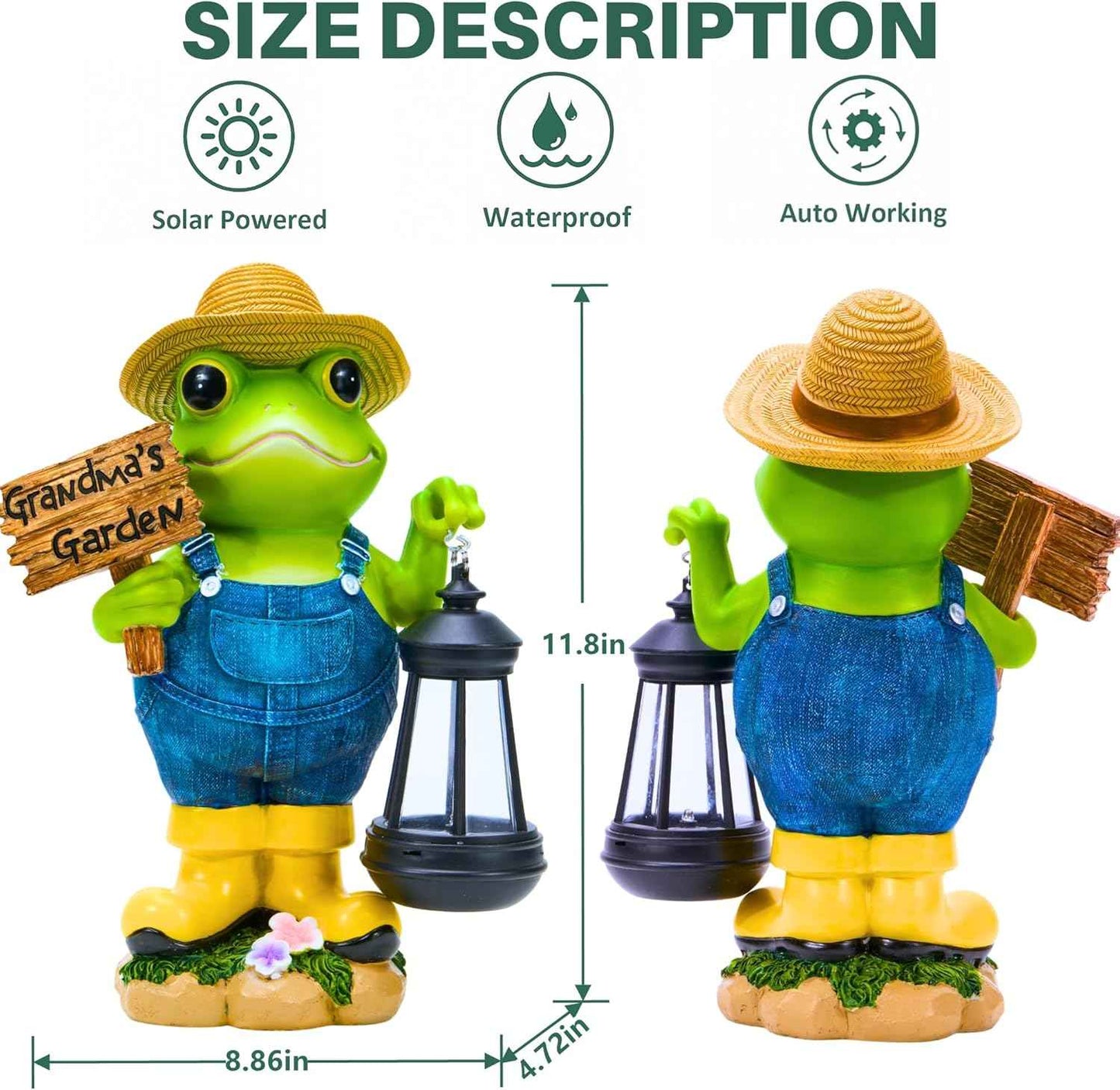 Frog Garden Statue with Solar Light, Gardener Frog Decoration with Solar Lantern Light for Home, Outdoor, Garden, Patio and Yard Decor, Best Gifts for Mom/Grandma, Grandma's Garden