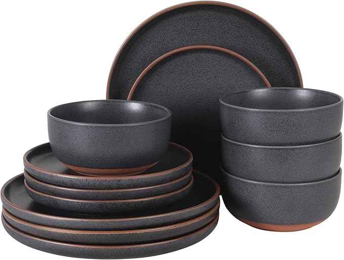 Gibson Elite Abbey Circle 12 Piece (Service for 4) Plates and Bowls Reactive Matte Glaze Dishes Stoneware Ceramic Dinnerware Set - Navy Blue