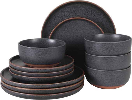 Gibson Elite Abbey Circle 12 Piece (Service for 4) Plates and Bowls Reactive Matte Glaze Dishes Stoneware Ceramic Dinnerware Set - Navy Blue