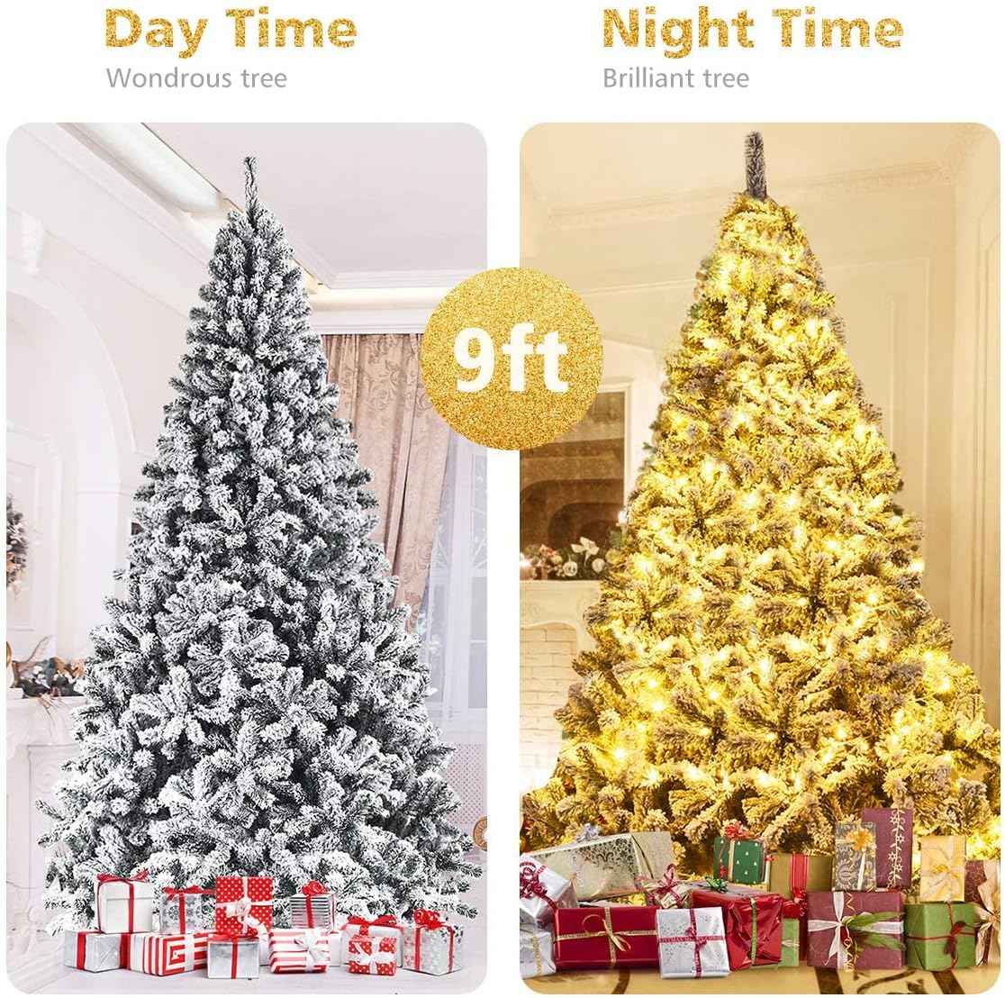 9FT Snow Flocked Christmas Tree, Artificial Pine Tree w/Premium PVC Needles & Solid Metal Stand, Xmas Full Tree for Indoor and Outdoor