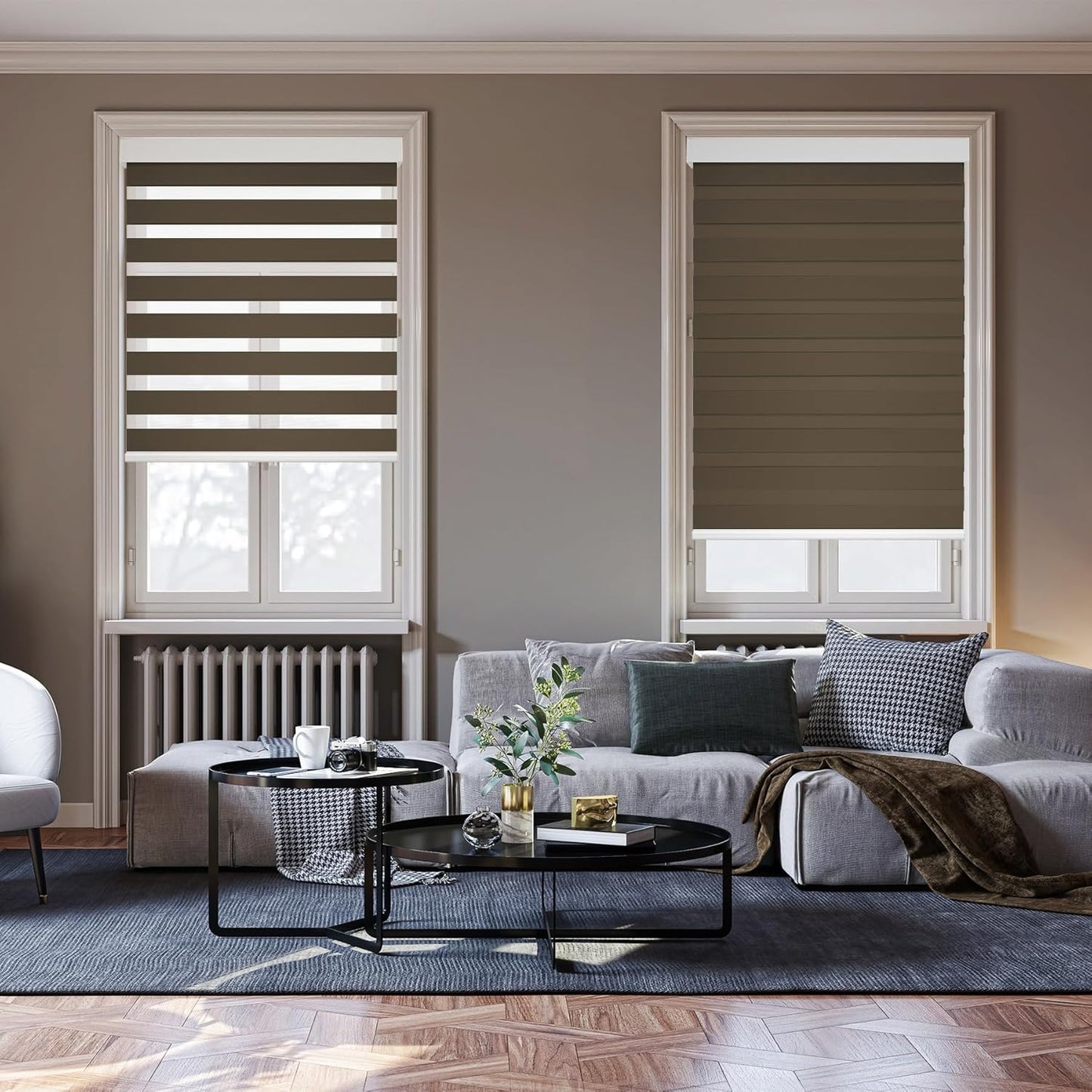 HESTIA Cordless Zebra Blinds Light Filtering Roller Shades UV Blocking Blackout Privacy Indoor Window Shades for Home Office Day and Night, Brown,24" W x 54" H