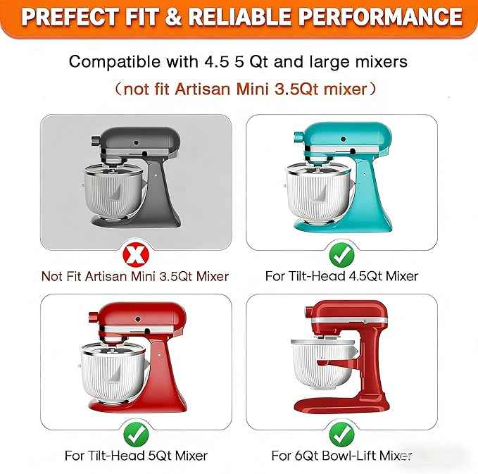 Ice Cream Maker Attachment for KitchenAid, Ice Cream Bowl Fits KitchenAid 4.5/5QT & 6QT Mixers, Frozen Ice Cream & Sorbet Gelato Maker, 2 Quart, White