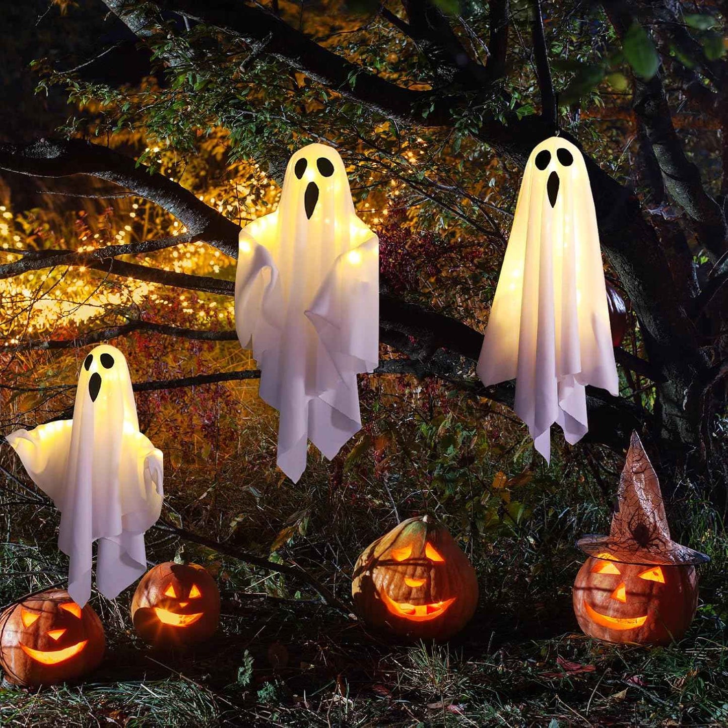3Packs Halloween Light Up Hanging Ghost Halloween Ghost Decorations with LED Light Spooky Ghost Ornaments for Home Tree Garden Yard Party Décor and Holiday Decorations(White)