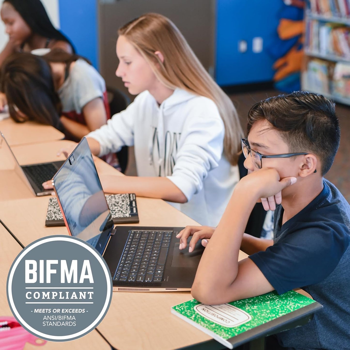 FDP Rectangle (30 x 60 inch) Classroom Table with Adjustable Chunky Toddler Legs (15-24 in); Preschool, Kinder and Daycare Furniture - Pasadena Oak Top/Navy Edge and Legs