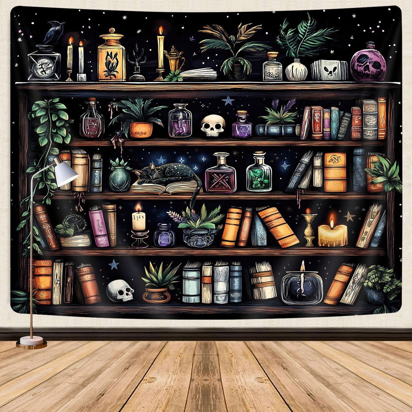 Bookshelf Tapestry Magical Library Witchy Tapestries, Vintage Fantasy Dark Bookshelf Hippie Cool Wall Tapestries Gothic Skull Black Cat Book Aesthetic Decor for Study Classroom, 80X60