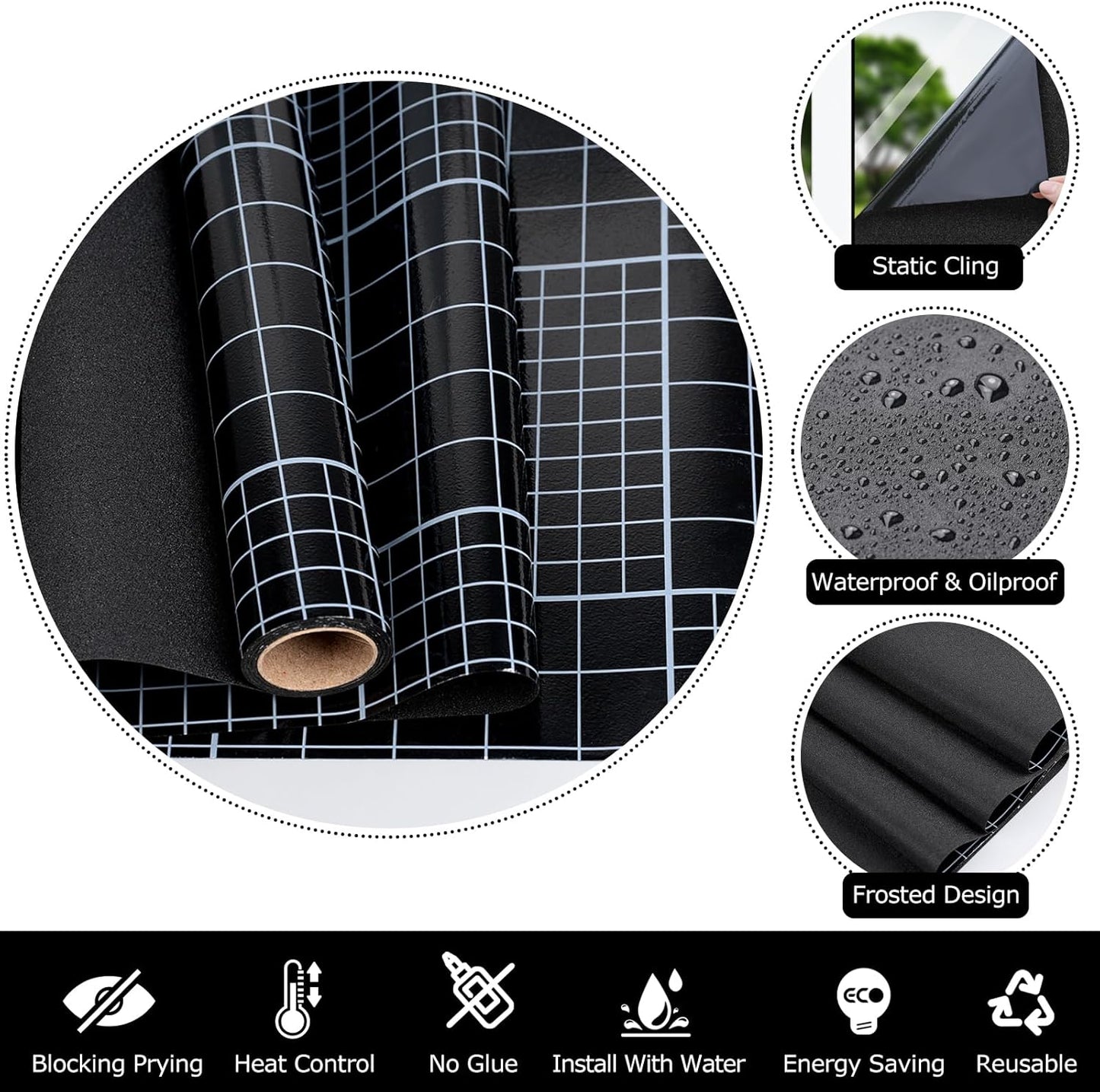 HIDBEA Blackout Window Film,100% Light Blocking Room Darkening Window Privacy Film,Frosted Glass Window Film Heat Control, Removable Window Cover Tint for Day Sleep (Black,17.7in x 6.5ft)