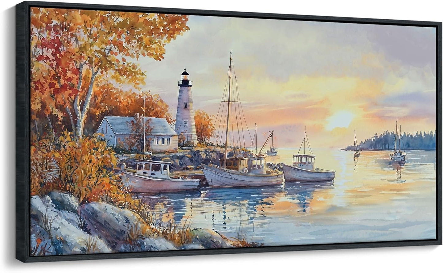 QZQCBLC Sunset Landscape Wall Art, Sea Harbor Lighthouse Ink Paintings Framed Artwork Homeward-bound Boat Soft Tone Wall Pictures for Living room Bedroom Bathroom Home Office Decor 20x40 IN