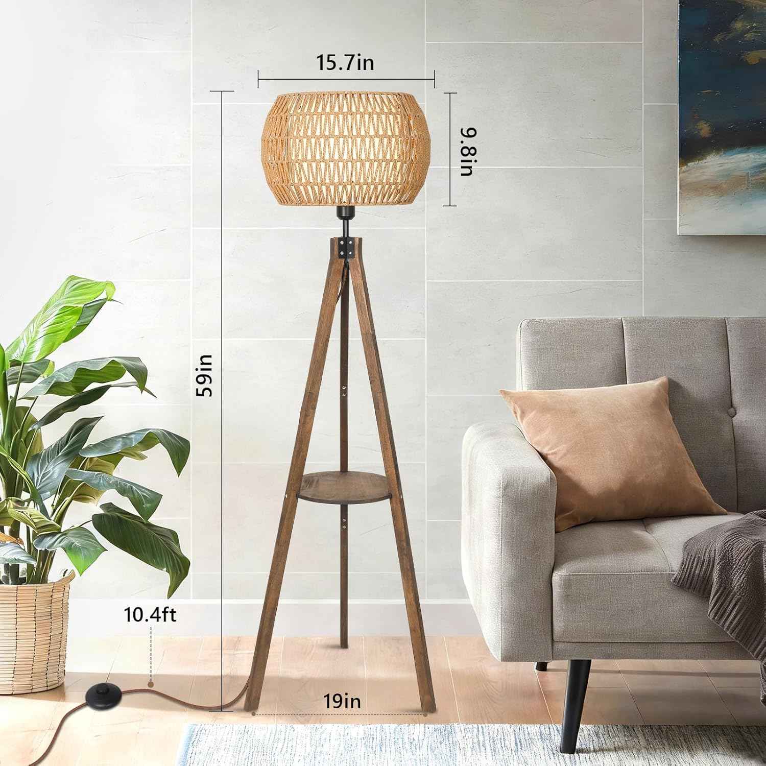 LAMSU Boho Tripod Floor Lamps for Living Room, Wood Floor Lamp with Shelf, Mid Century Modern Standing Lamp with Rattan Shades, Foot Switch, Rustic Farmhouse Tall Lamps for Bedroom Office, Brown