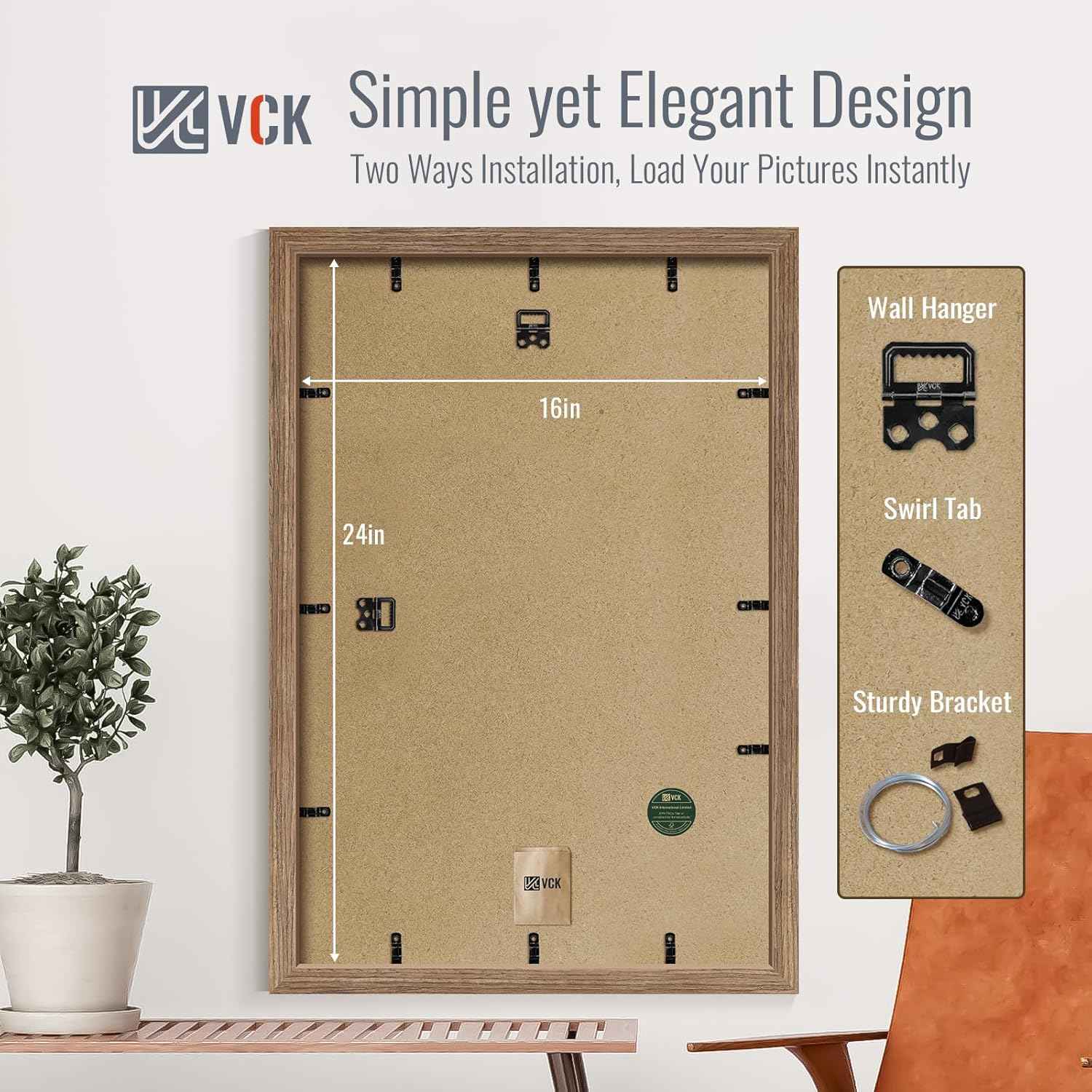VCK 16x24 Poster Frame 2 Pack - Walnut, High-End Wood Picture Frames with Polished Plexiglass, Display 12x18 Photo with Mat or 16x24 without Mat, Art Gallery-Quality, Wall Hanging