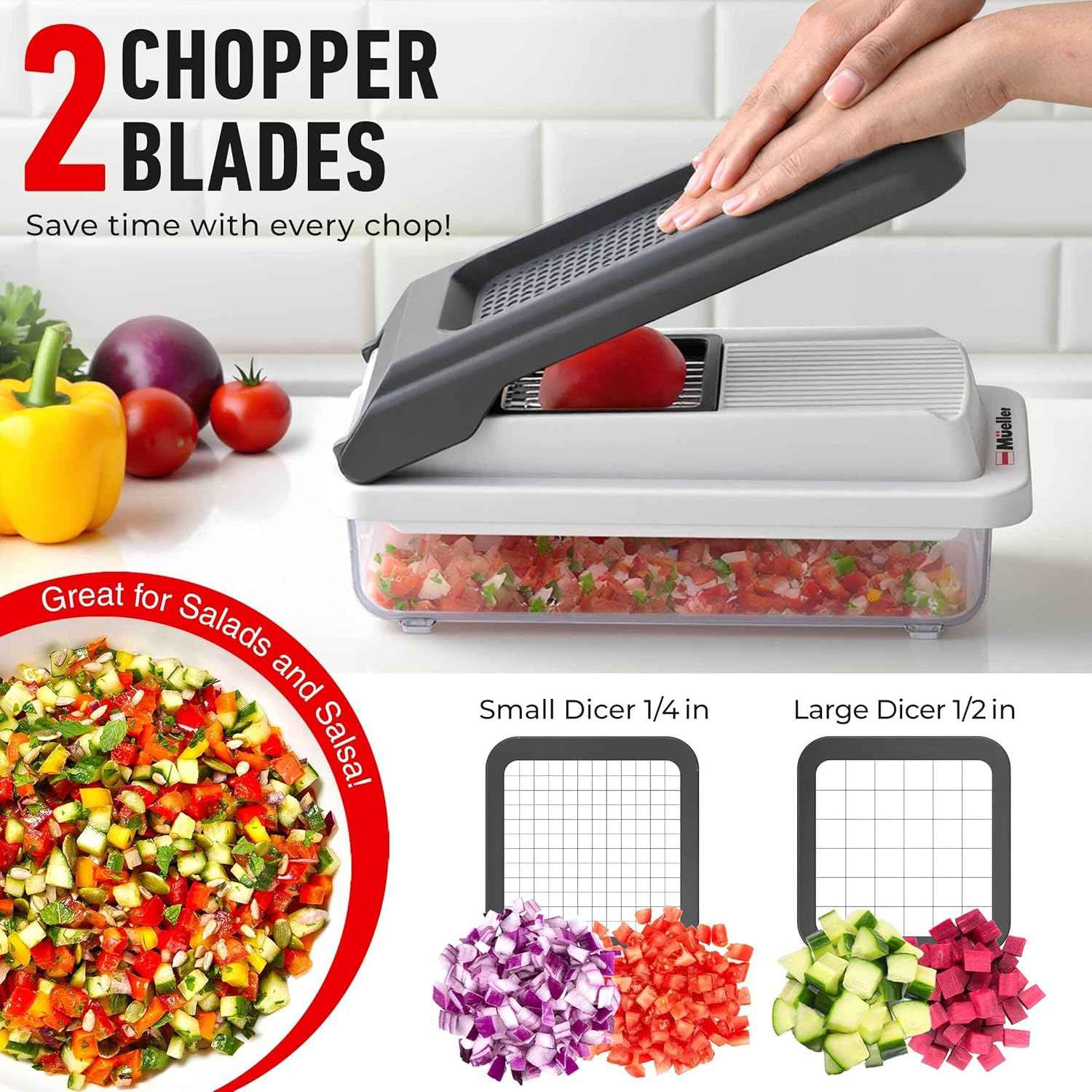 Mueller Vegetable Chopper Mandoline Slicer, Food Veggie Chopper, Cheese Grater, Onion Vegetable Cutter with Container, Dicer, Kitchen Gadgets & Essentials, White Sand/Grey