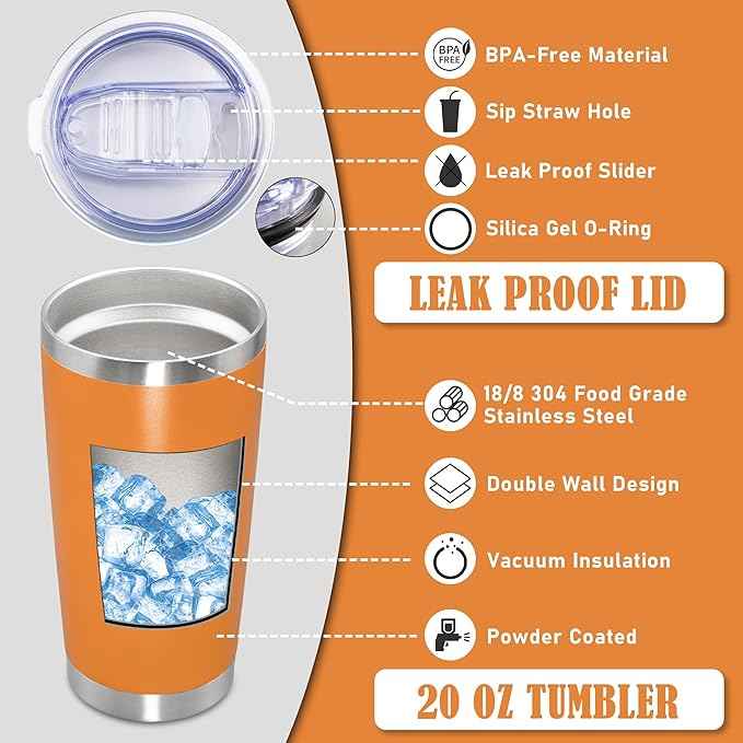 20 oz Tumbler Coffee Travel Tumblers Bulk with Lid Stainless Steel Double Wall Vacuum Insulated Mug Powder Coated Cups fit Car Cupholder for Hot and Cold - Orange, 12Pack