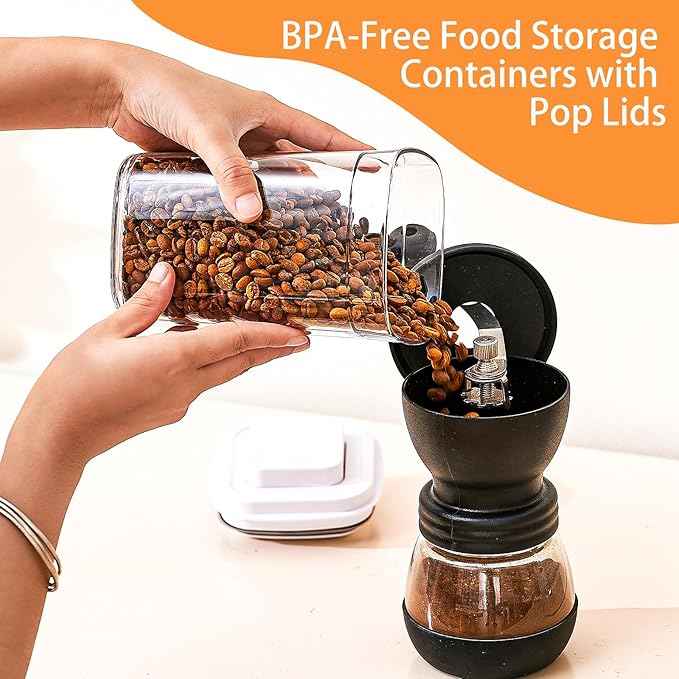 Pop Top Food Storage Container Set | 6Pcs Airtight Cereal Storage Organizer Canisters with Pop Lids, BPA-Free, Vacuum Seal & One-button Opening, Stackable Pantry Containers for Dry Food Storage