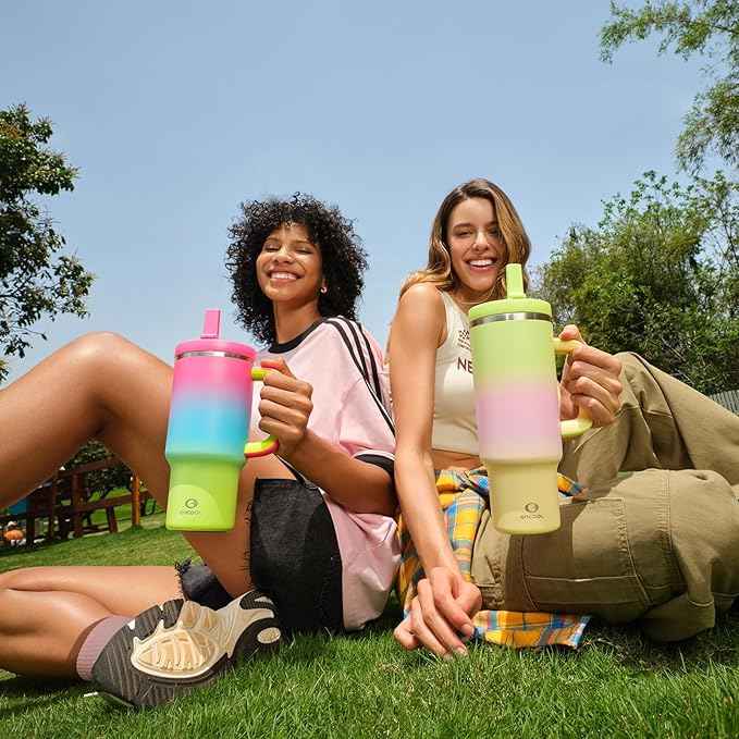 ENCOOL 40 oz Tumbler with Handle and Straw: Stainless Steel Insulated Tumbler Keeps Cold for 24 Hours, Leakproof Travel Cup Fits in Cup Holder and BPA-Free, Morning Dew
