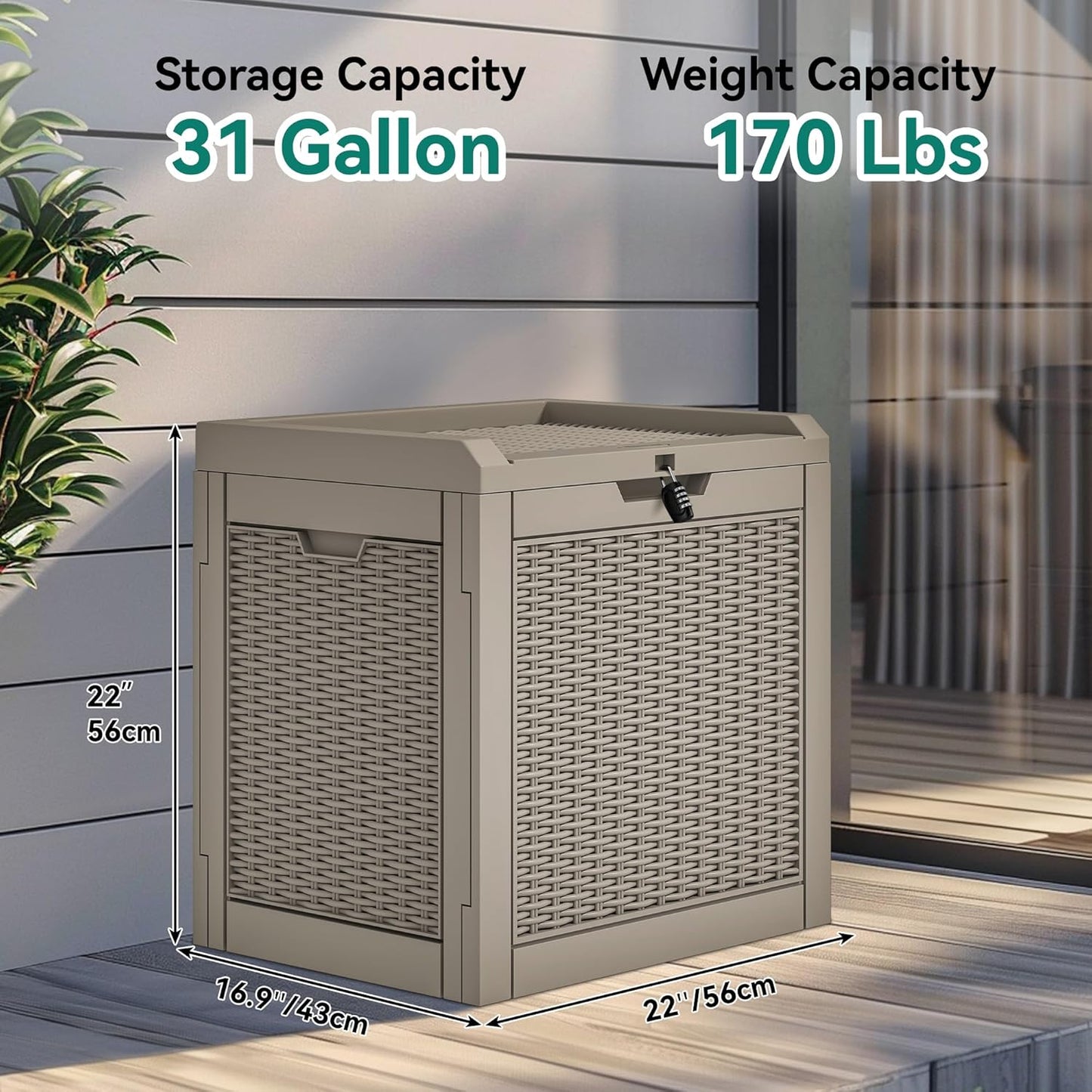 YITAHOME 32 Gallon Outdoor Storage Box, Water Resistant Resin Deck Box, Indoor Outdoor Lockable Storage Container for Patio, Garden, Cushions, Tools, Equipment(Brown)