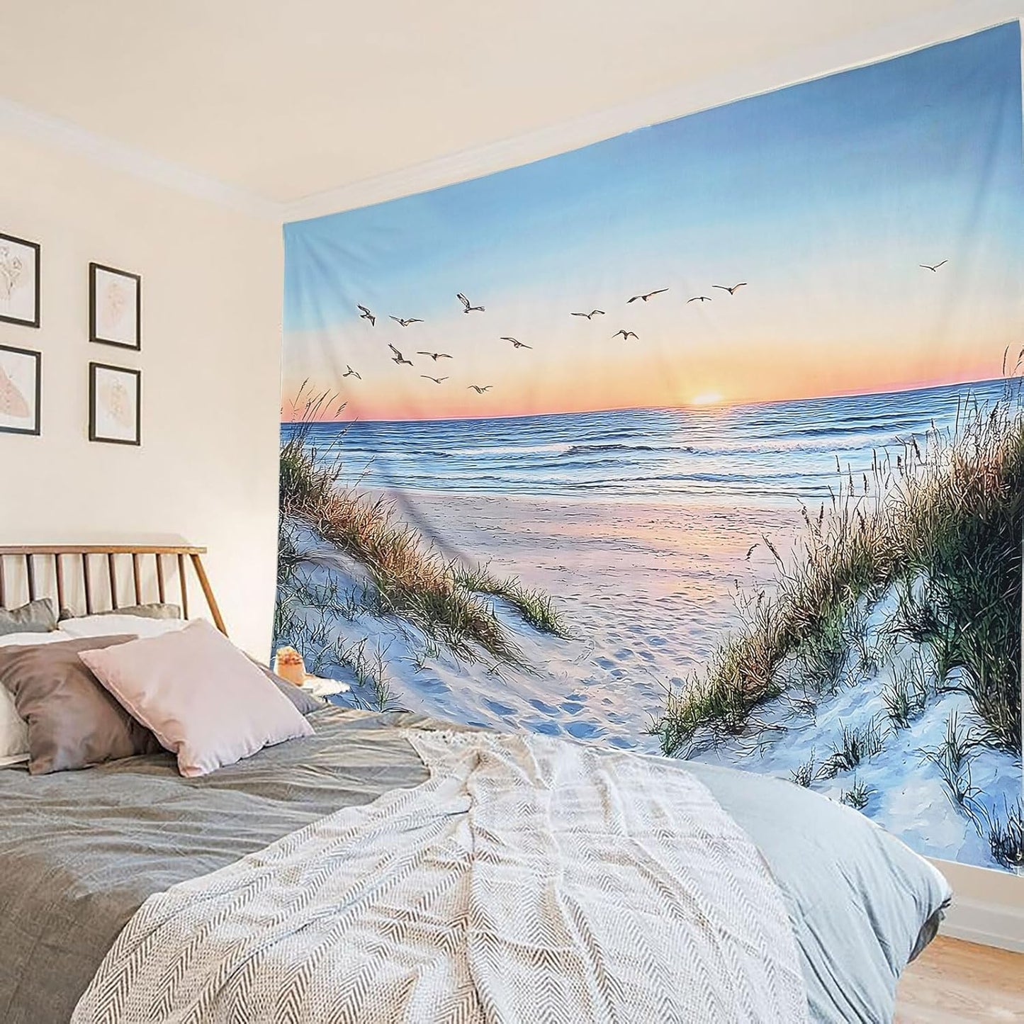 Algasan Ocean Beach Tapestry, Sea Sunset Seabird and Beach with Grass Tapestries Natural Landscape Tapestry Aesthetic for Bedroom Living Room Office Decor 60x40 Inches
