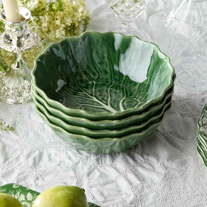 Le Jardin Cabbage 3D SOUP/CEREAL BOWLS, SET OF FOUR, 8.5" x 2.75" – Sculpted Green Stoneware Leaf Bowls– Seasonal Garden-Inspired Serveware for Soups, Salads, Pasta & Everyday Entertaining