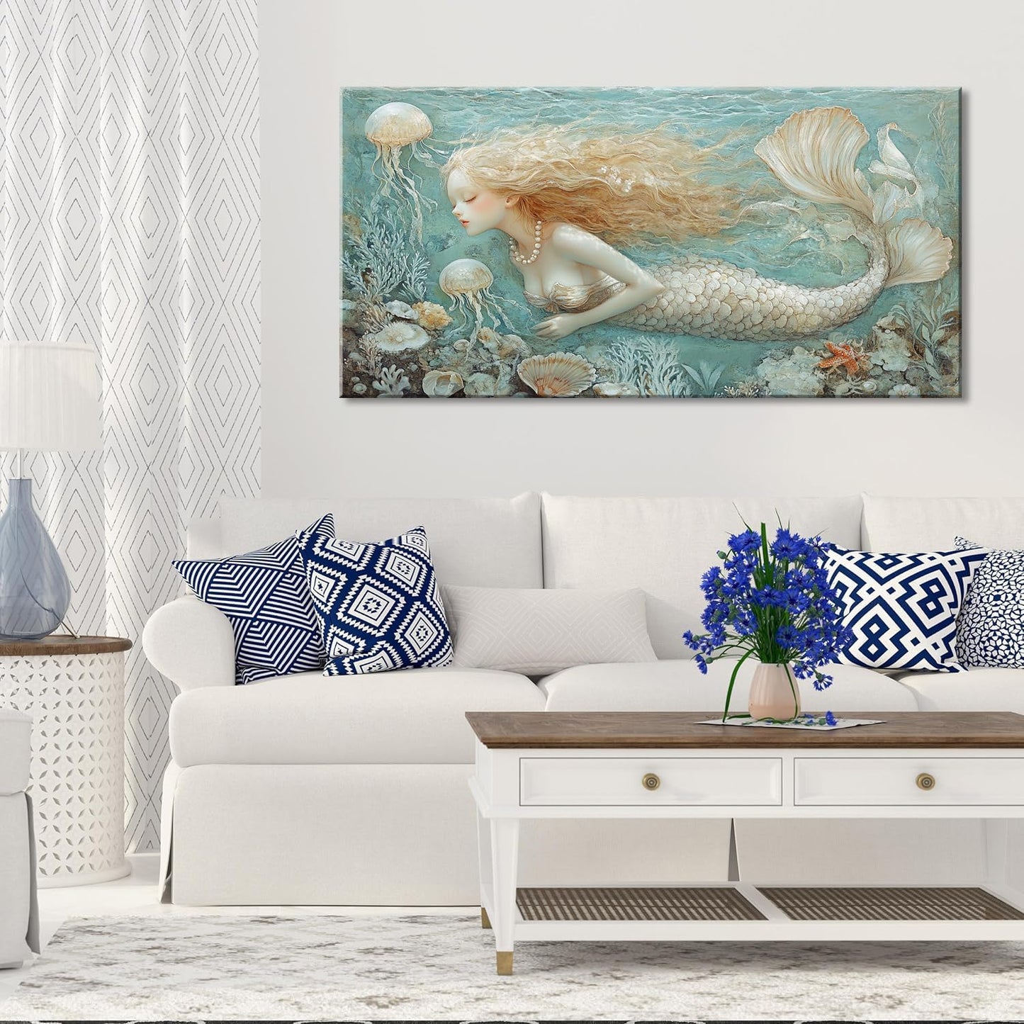 LASMOND Ocean Mermaid Wall Art for Girls Room Modern Canvas Prints Marine Organism Underwater World Sea Creatures Artwork Paintings Women Bedroom Wall Decor (30x16 Inches)