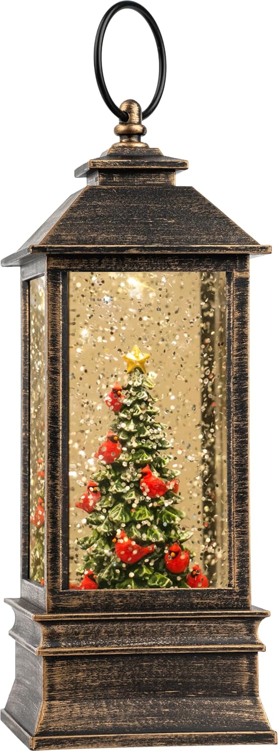 Christmas Snow Globe Lantern Water Glittering Christmas Tree with Music, USB Lined/Battery Operated Lighted Lantern for Christmas Festival Decoration Gifts