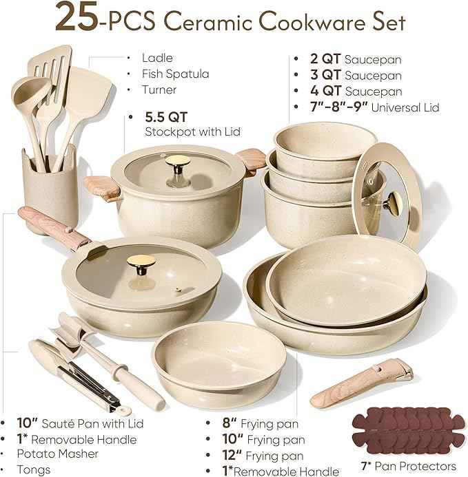 CAROTE 25PCS Ceramic Cookware Set, Pots and Pans set Non Stick, RV Kitchen Cooking Set Removable Handles, Oven Safe, Induction Cookware, Non-toxic Kitchen Cooking Set, PFAS Free, Mothers Day Gifts