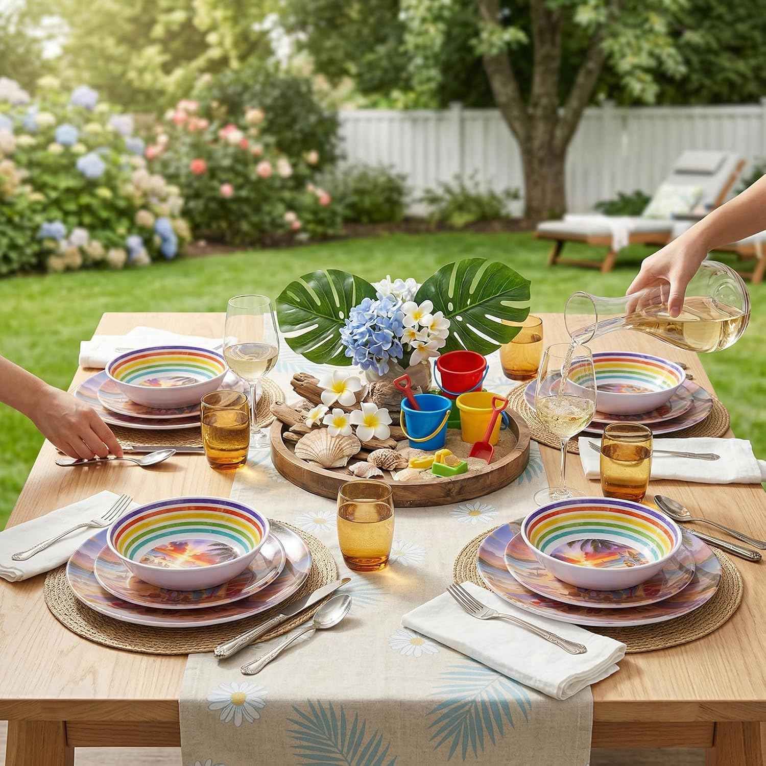 12 Piece Melamine Plates and Bowls Set - Beach Sunset Melamine Dinnerware Set for 4，Unbreakable Dishes Set，Stackable Lightweight Plates & Bowls for Indoor & Outdoor Use，Tropical Sunset