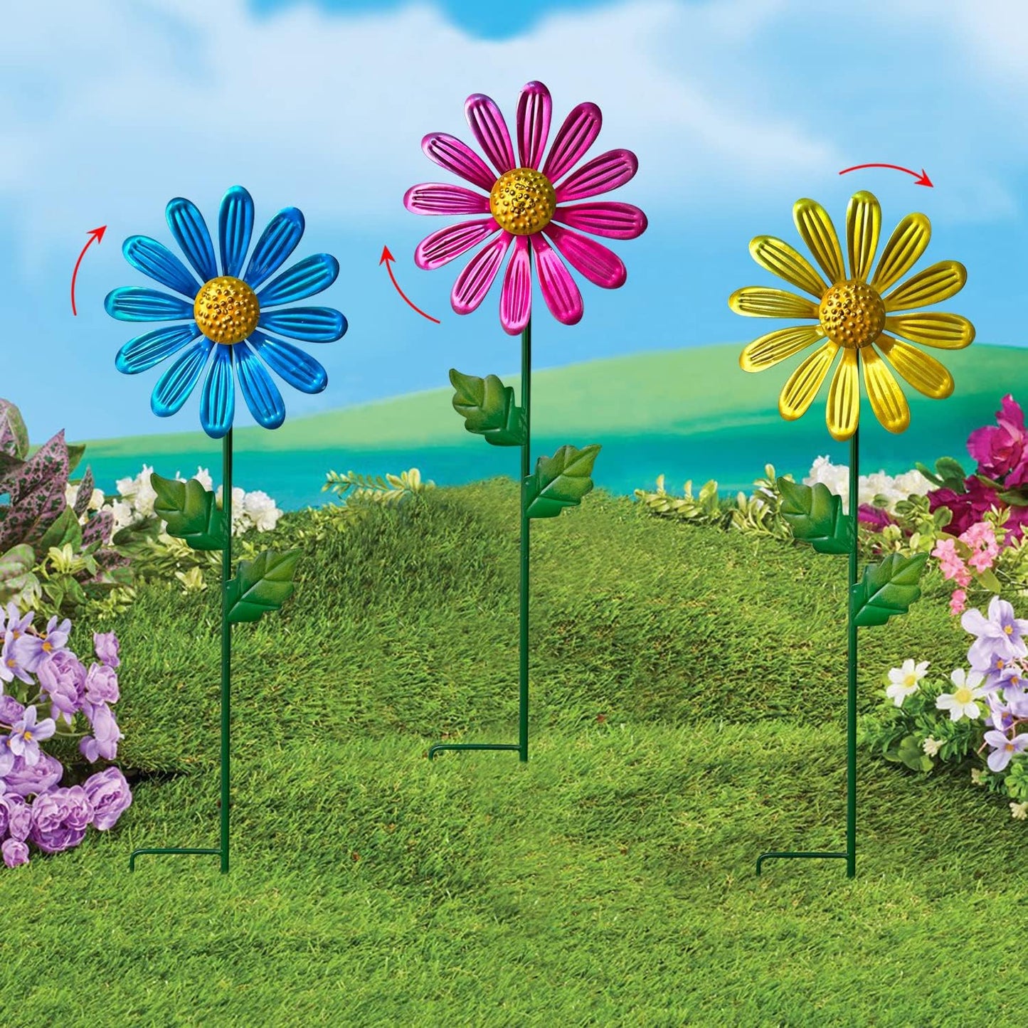 WAIU Metal Daisy Garden Stakes, Wind Catcher Spinner Garden Stakes, Garden Windmill Stakes Outdoor Wind Catchers, Yard Decor Stakes, Set of 3…