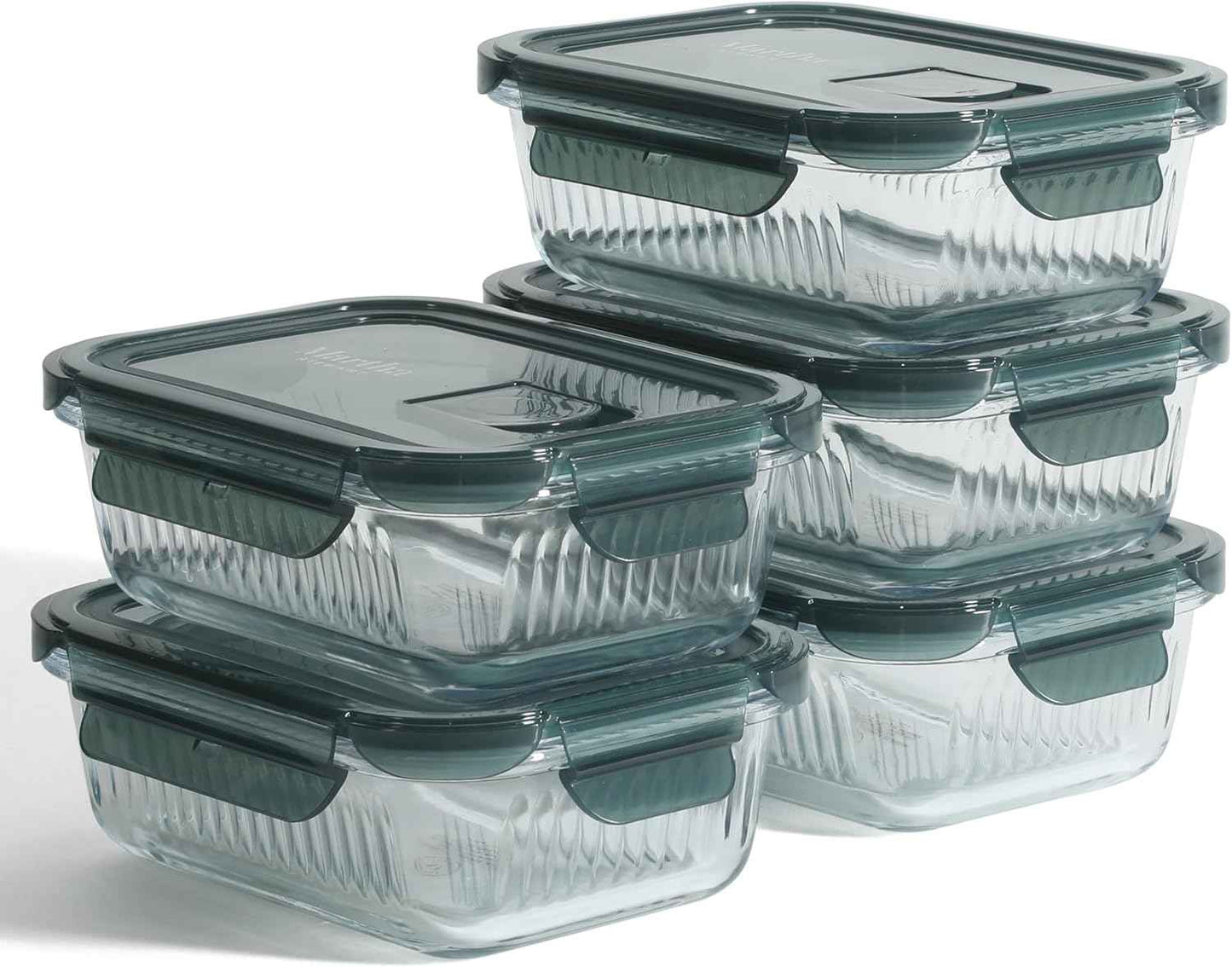 Martha Stewart Shadowbrook 5-Piece Borosilicate Glass Storage Container Set – Airtight Locking Lids, 21.6 oz Meal Prep, Leftover & Lunch Containers, Microwave, Oven & Dishwasher Safe