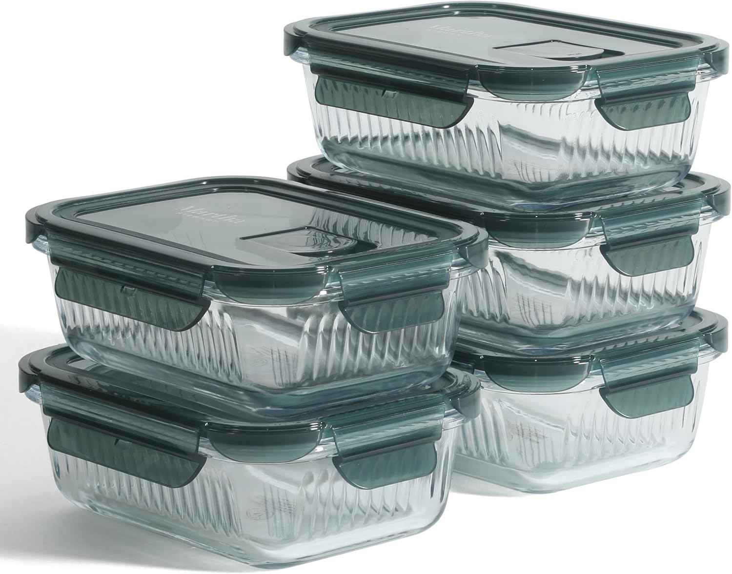 Martha Stewart Shadowbrook 5-Piece Borosilicate Glass Storage Container Set – Airtight Locking Lids, 21.6 oz Meal Prep, Leftover & Lunch Containers, Microwave, Oven & Dishwasher Safe