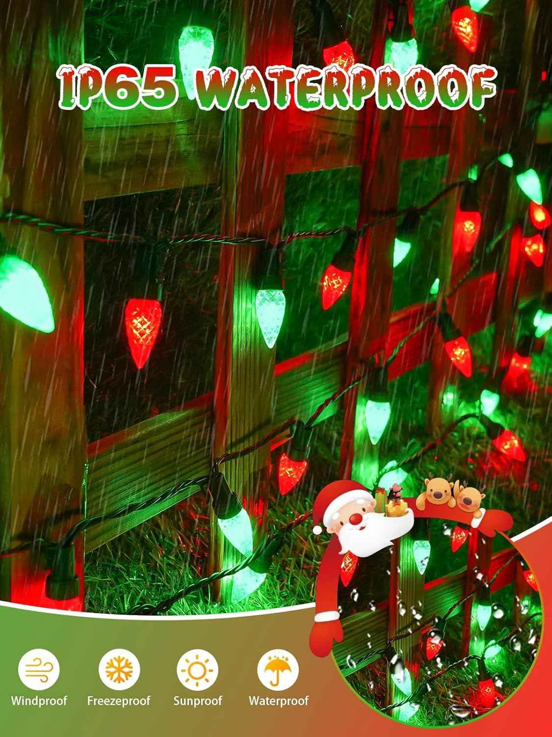 C6 Solar Christmas Lights Outdoor, 100 LED 33FT Christmas Decorations Outdoor Waterproof, Solar String Lights for Outside with 8 Modes, Fairy Twinkle Light for Tree Garden Yard Decor (Red and Green)