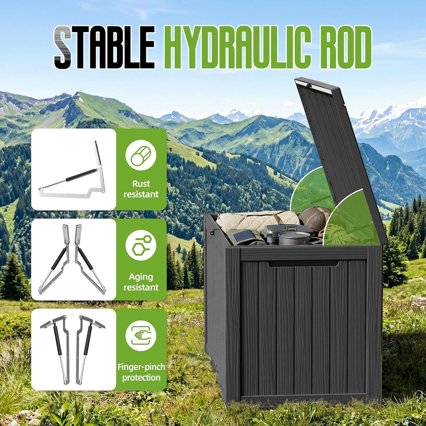 200 Gallon Outdoor Storage Deck Box Waterproof Resin Lockable Outside Bench Porch Patio Furniture Pool Float Garden Tool Cushion UV Resistant Bin Black
