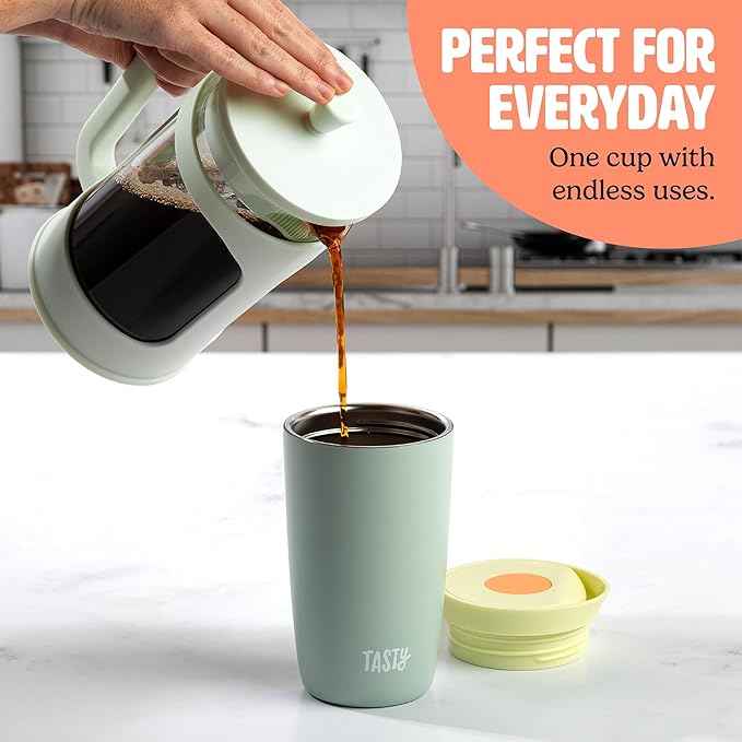 Tasty 12oz Insulated Stainless Steel Push Mug, Leak-Proof Lid with One-Hand Open/Close Button, Travel Coffee Cup, Double Wall Vacuum Flask, Aqua Blue