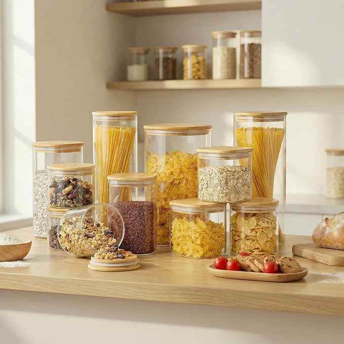 57oz - 3 Pack Square Glass Jars with Bamboo Lids, Glass Food Storage Containers with Airtight Lids for Kitchen, Air Tight Pantry Storage Containers for Cereal, Pasta, Rice, Sugar, Coffee, Spice