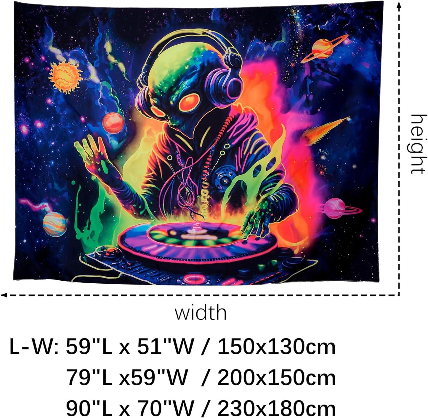 OSVINO Blacklight Alien Tapestry 79"x59" UV Reactive Alien DJing Wall Hanging Art Bedroom Decor Moon and Sun Planets Posters Wall Hanging Hippie Decor